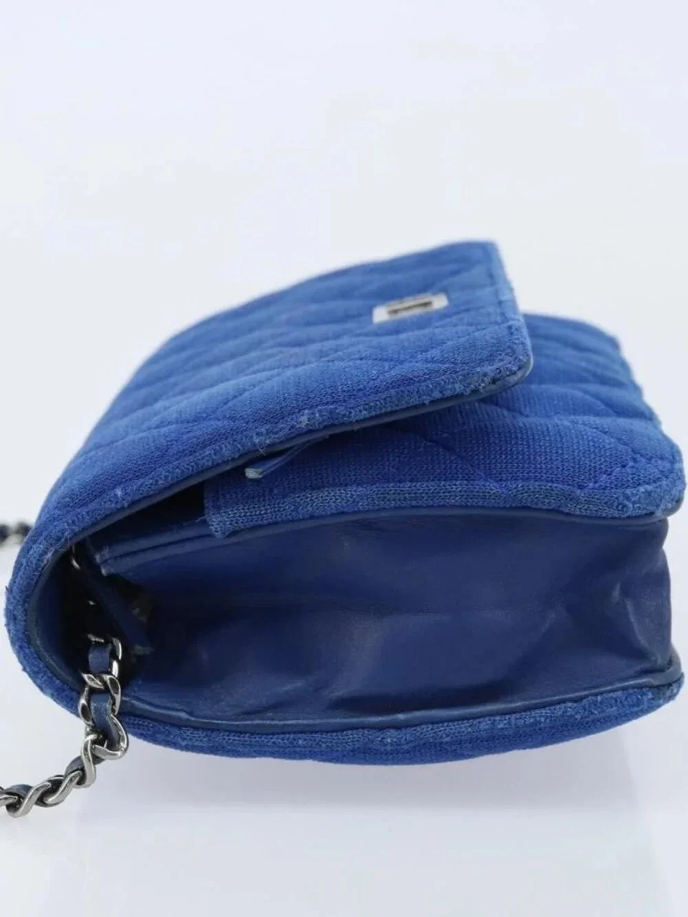 CHANEL Chain Matelasse 2.55 Shoulder Bag Canvas Navy Silver CC Auth 171466A